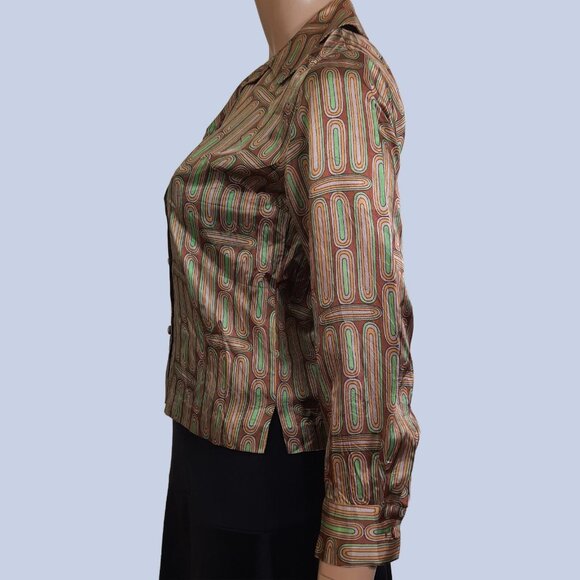Vintage 1940s Shiny Rayon Blouse Abstract Print Button Front Brown Green Size S - Picture 5 of 11